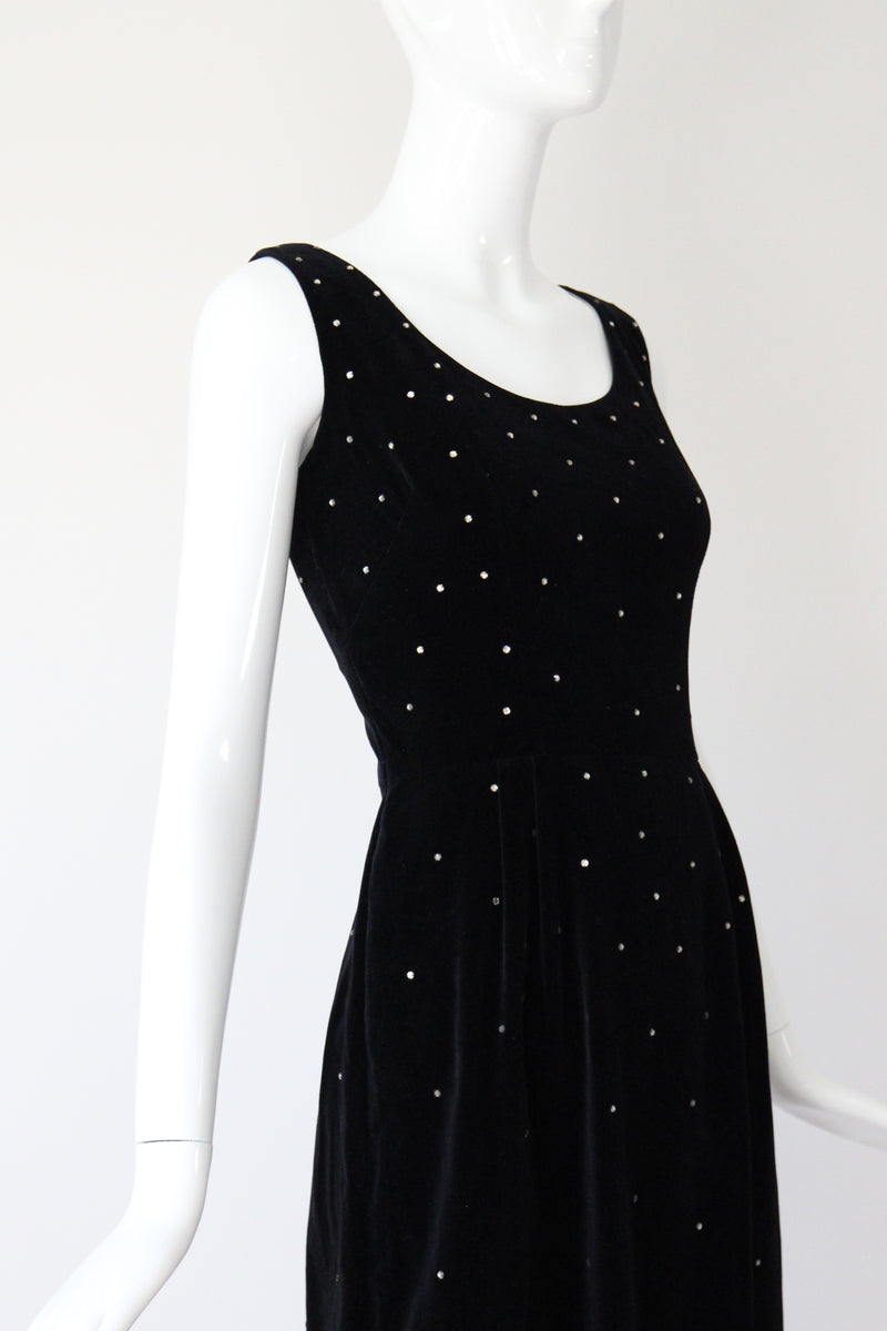 "Velvet & Rhinestones" Vintage 1950's Black Velvet & Rhinestone Embellished Cocktail Dress UK 8 US 4