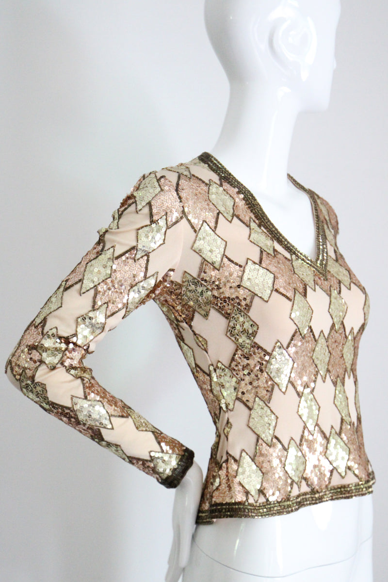"Trio of Gold" Vintage 1960's Gold Sequin & Bead Blouse UK 8 US 4