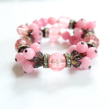 "Pink Glass & Rhinestones" Vintage 1940's Pink Glass Bead & Rhinestone Wire Cuff Bracelet