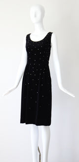 "Velvet & Rhinestones" Vintage 1950's Black Velvet & Rhinestone Embellished Cocktail Dress UK 8 US 4