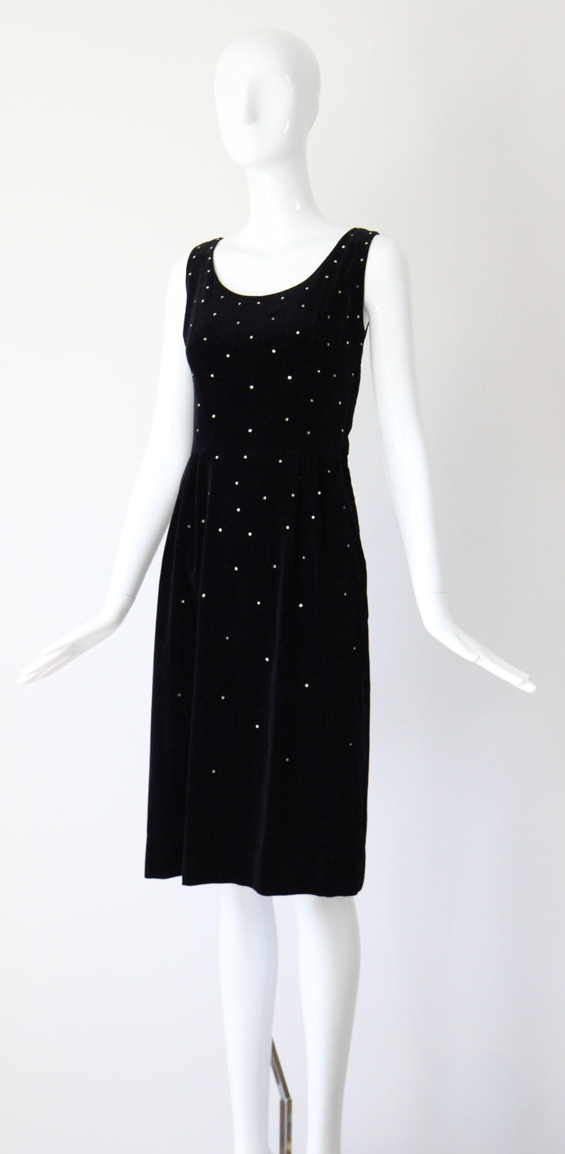 "Velvet & Rhinestones" Vintage 1950's Black Velvet & Rhinestone Embellished Cocktail Dress UK 8 US 4