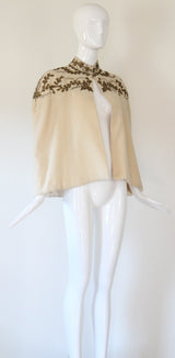 "Cream Wool & Gold Embroidery" Vintage 1940's Cream Wool Beaded & Embroidered Cape UK 8-12 US 4-8