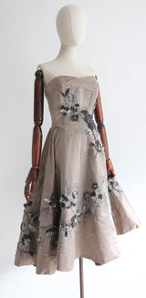 “Satin Stone Trailing Florals" Vintage 1950's Couture Satin Beaded Cocktail Dress UK 8 US 4