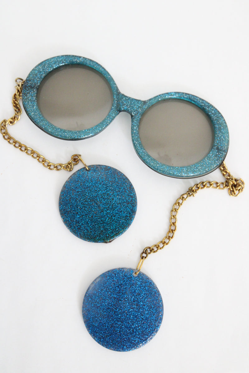 "Electric Glitter" Vintage 1960's Electric Blue Glitter Chain Sunglasses