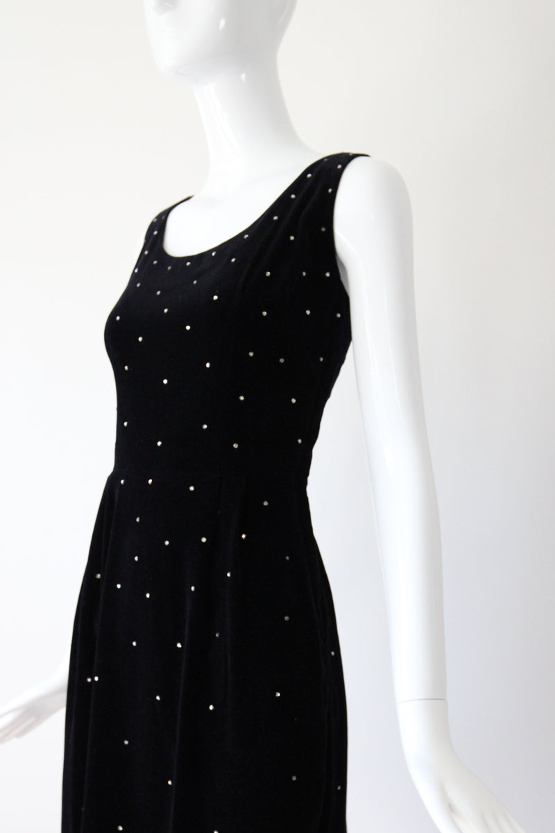 "Velvet & Rhinestones" Vintage 1950's Black Velvet & Rhinestone Embellished Cocktail Dress UK 8 US 4
