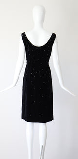 "Velvet & Rhinestones" Vintage 1950's Black Velvet & Rhinestone Embellished Cocktail Dress UK 8 US 4