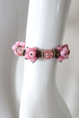 "Pink Glass & Rhinestones" Vintage 1940's Pink Glass Bead & Rhinestone Wire Cuff Bracelet