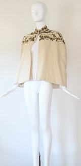 "Cream Wool & Gold Embroidery" Vintage 1940's Cream Wool Beaded & Embroidered Cape UK 8-12 US 4-8