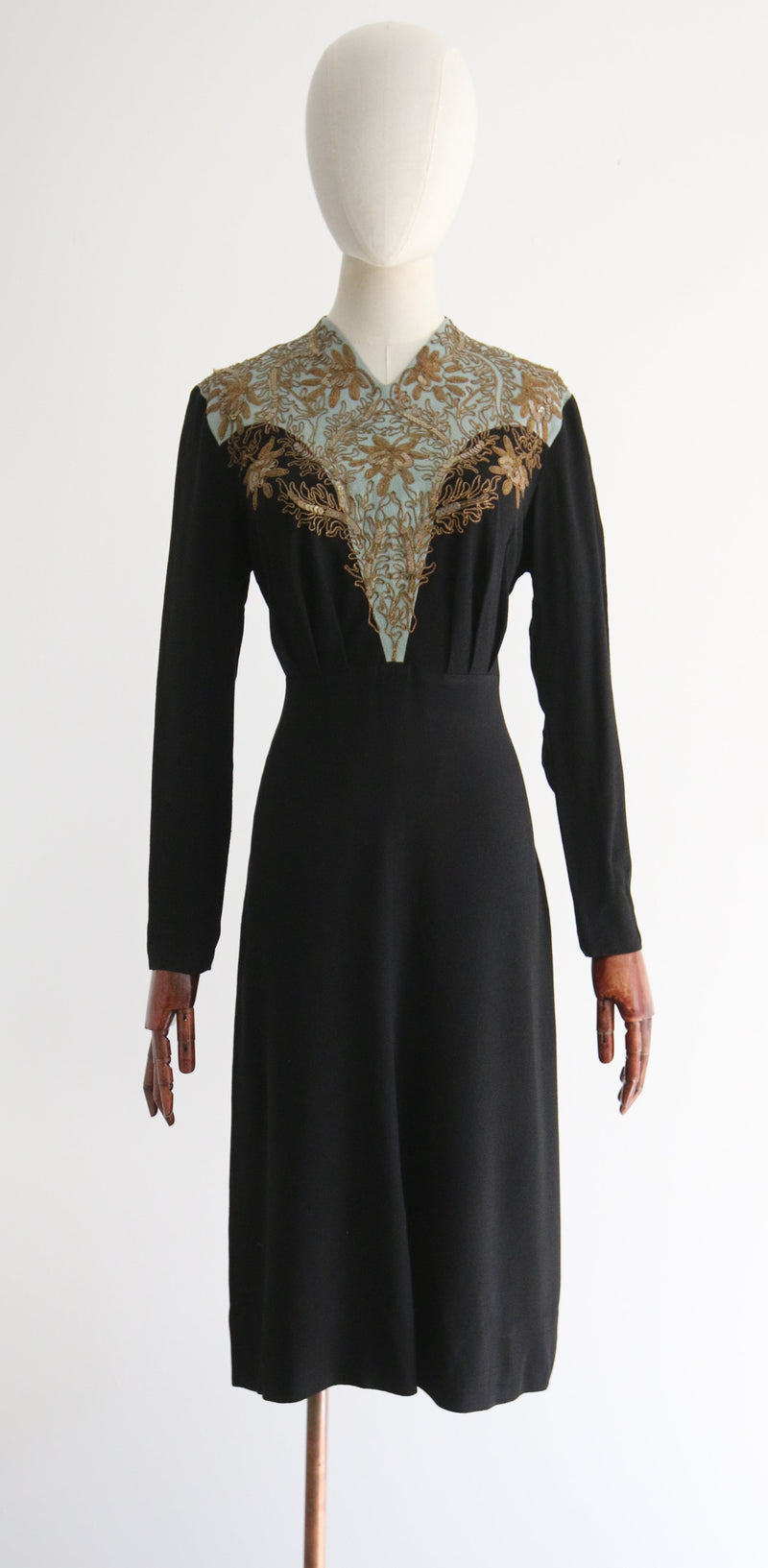 "Gold Lamé & Sequin Soutache" Vintage 1940's Black & Eau De Nil Embellished Dress UK 12-14 US 8-10