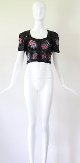 "Sequin Florals" Vintage 1930's Tulle & Sequin Floral Blouse UK 8 US 4