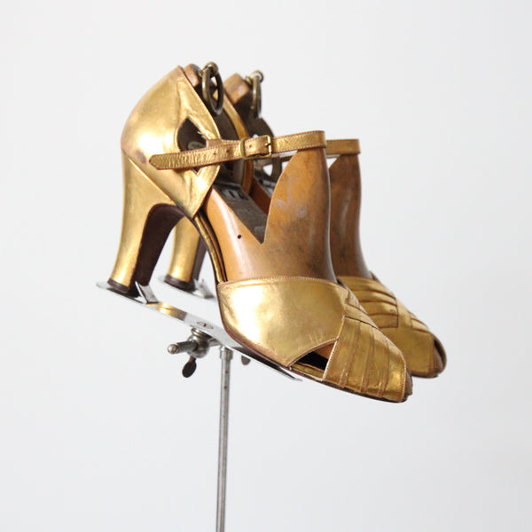 "Golden Toes" Vintage 1940's Gold Leather Peep Toe Heels UK 5 EU 38 US 7