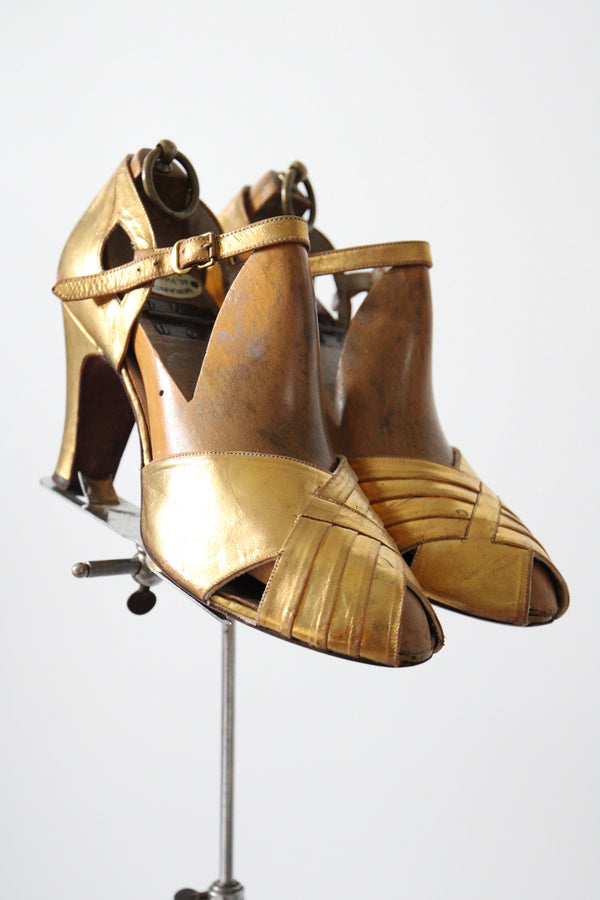 "Golden Toes" Vintage 1940's Gold Leather Peep Toe Heels UK 5 EU 38 US 7