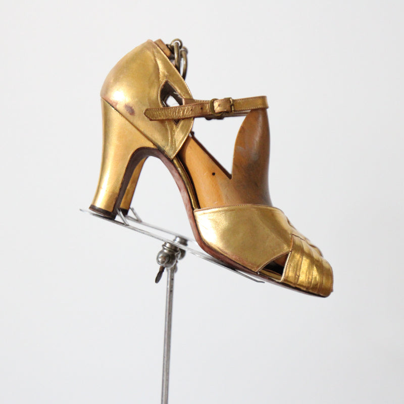 "Golden Toes" Vintage 1940's Gold Leather Peep Toe Heels UK 5 EU 38 US 7