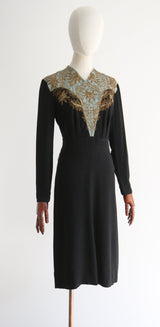 "Gold Lamé & Sequin Soutache" Vintage 1940's Black & Eau De Nil Embellished Dress UK 12-14 US 8-10