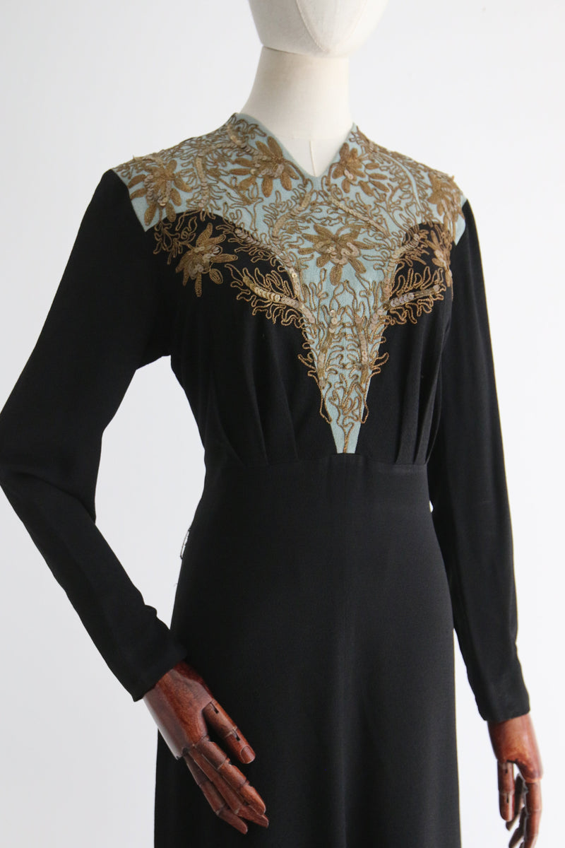 "Gold Lamé & Sequin Soutache" Vintage 1940's Black & Eau De Nil Embellished Dress UK 12-14 US 8-10