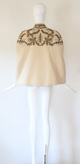 "Cream Wool & Gold Embroidery" Vintage 1940's Cream Wool Beaded & Embroidered Cape UK 8-12 US 4-8
