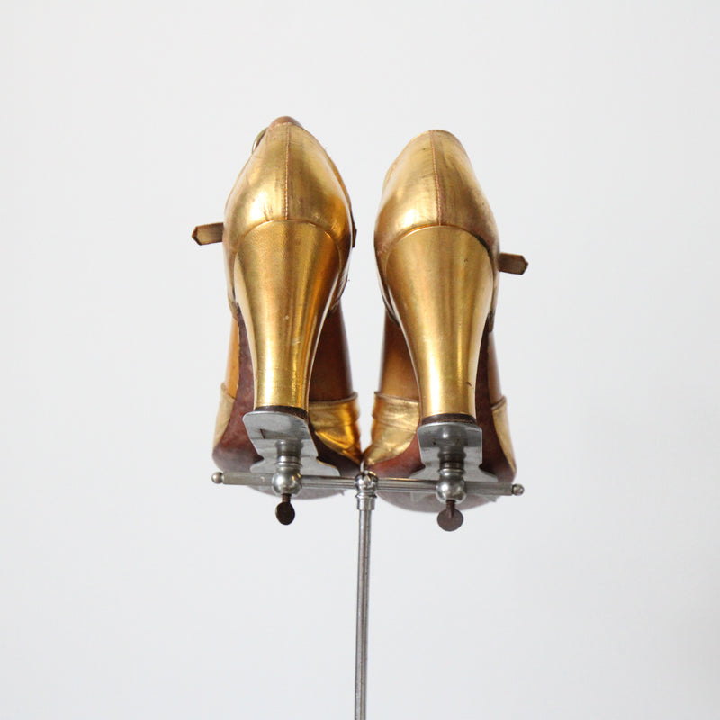 "Golden Toes" Vintage 1940's Gold Leather Peep Toe Heels UK 5 EU 38 US 7