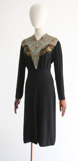 "Gold Lamé & Sequin Soutache" Vintage 1940's Black & Eau De Nil Embellished Dress UK 12-14 US 8-10
