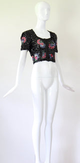 "Sequin Florals" Vintage 1930's Tulle & Sequin Floral Blouse UK 8 US 4