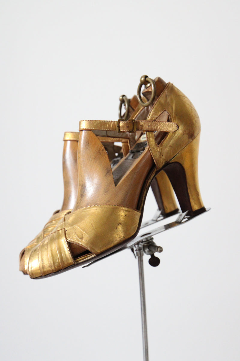 "Golden Toes" Vintage 1940's Gold Leather Peep Toe Heels UK 5 EU 38 US 7