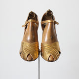 "Golden Toes" Vintage 1940's Gold Leather Peep Toe Heels UK 5 EU 38 US 7