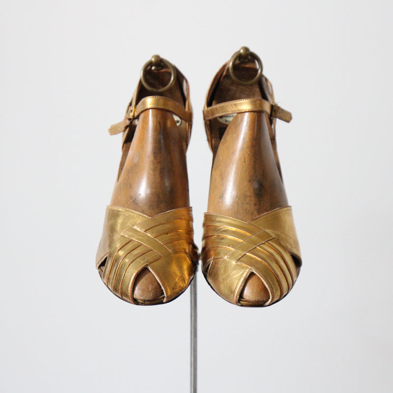 "Golden Toes" Vintage 1940's Gold Leather Peep Toe Heels UK 5 EU 38 US 7