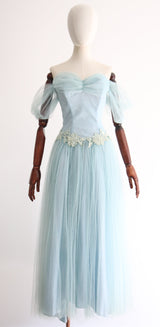 "Crystal Bue" Vintage 1950's Crystal Blue Tulle & Floral Appliqués Dress UK 8 US 4