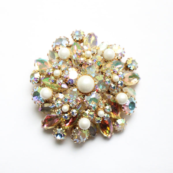 "Pearls & Rhinestones" Vintage 1950's Iridescent Rhinestone & Pearl Brooch