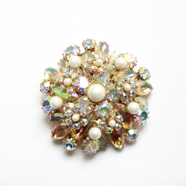 "Pearls & Rhinestones" Vintage 1950's Iridescent Rhinestone & Pearl Brooch