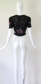 "Sequin Florals" Vintage 1930's Tulle & Sequin Floral Blouse UK 8 US 4