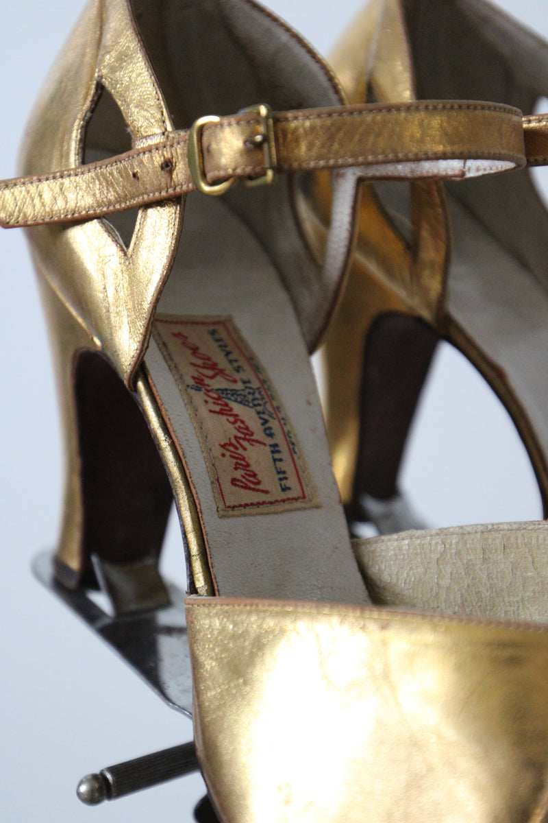 "Golden Toes" Vintage 1940's Gold Leather Peep Toe Heels UK 5 EU 38 US 7