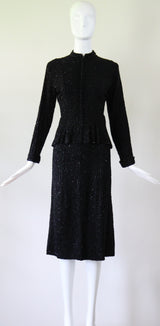 "Divine Beadwork" Vintage 1940's Crepe Silk Beaded Suit UK 10 US 6
