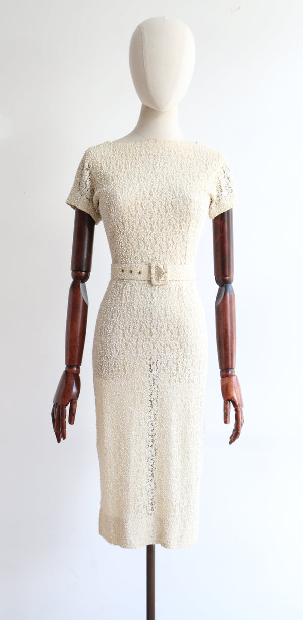 "Cream Lace & Ivory Beads" Vintage 1950's Cream Lace Beaded & Sequinned Dress UK 6 US 2