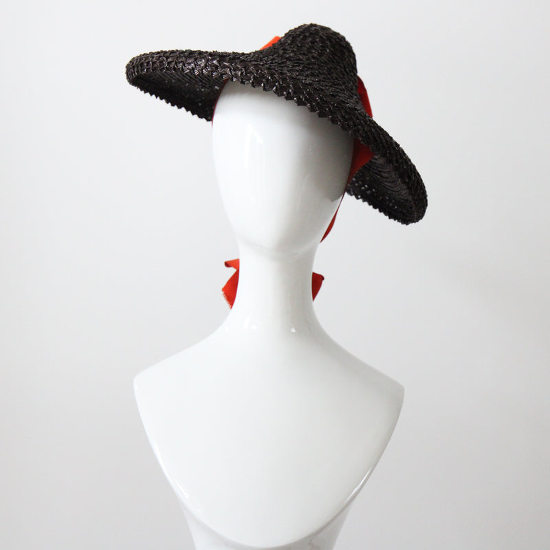 "Straw & Ribbon" Vintage 1940's Bitter Chocolate Brown & Orange Ribbon Percher Hat