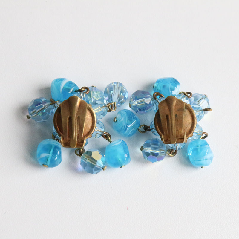 "Ocean Droplets" Vintage 1950's Blue Beaded Clip On Earrings