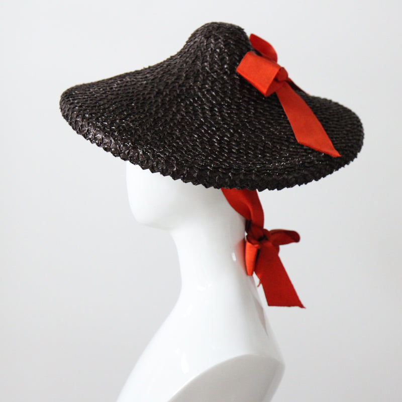 "Straw & Ribbon" Vintage 1940's Bitter Chocolate Brown & Orange Ribbon Percher Hat