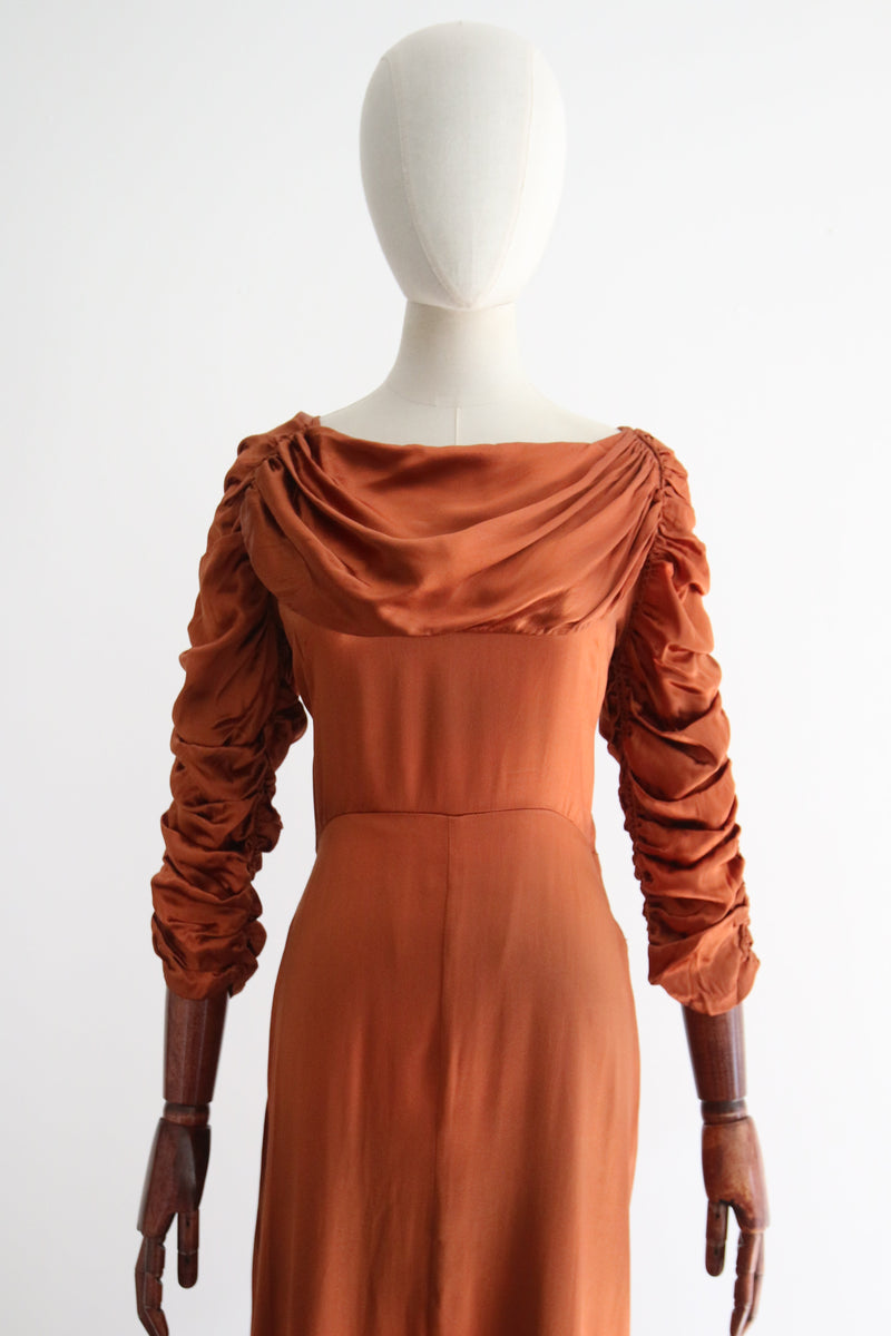 "Amber Satin" Vintage 1930's Pleated & Ruched Amber Satin Dress UK 10 US 6