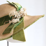 "Moss Green Velvet & Straw" Vintage 1930's Floral & Velvet Straw Hat