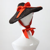 "Straw & Ribbon" Vintage 1940's Bitter Chocolate Brown & Orange Ribbon Percher Hat