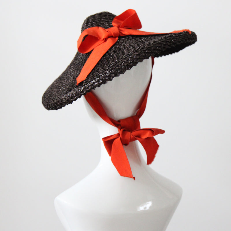 "Straw & Ribbon" Vintage 1940's Bitter Chocolate Brown & Orange Ribbon Percher Hat