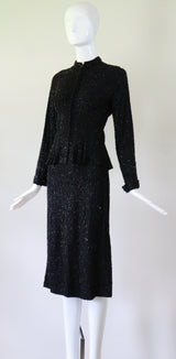 "Divine Beadwork" Vintage 1940's Crepe Silk Beaded Suit UK 10 US 6