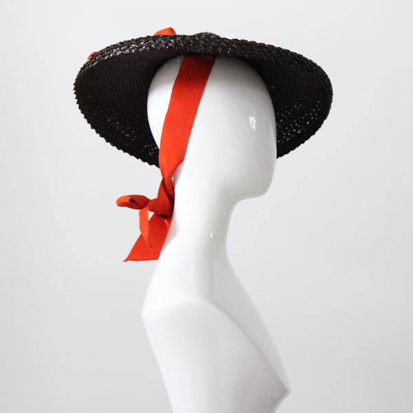 "Straw & Ribbon" Vintage 1940's Bitter Chocolate Brown & Orange Ribbon Percher Hat