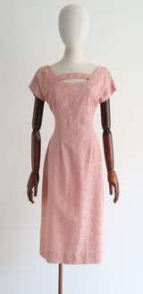 "Pink Floral Embroidery" Vintage 1950's Pink Floral Embroidered Dress UK 12 US 8