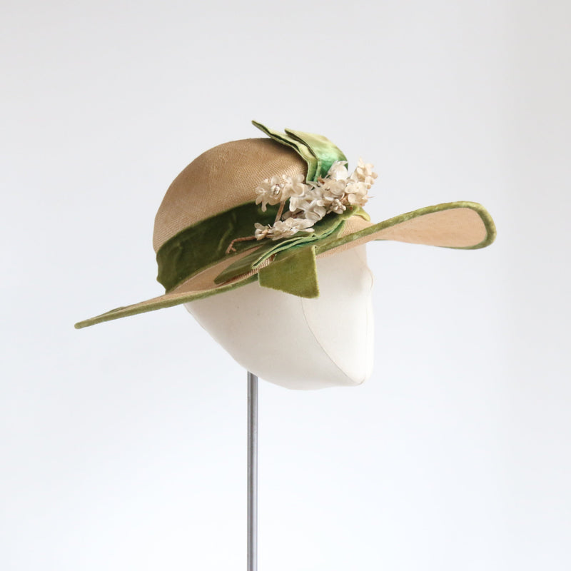 "Moss Green Velvet & Straw" Vintage 1930's Floral & Velvet Straw Hat