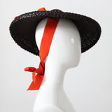 "Straw & Ribbon" Vintage 1940's Bitter Chocolate Brown & Orange Ribbon Percher Hat