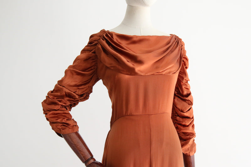 "Amber Satin" Vintage 1930's Pleated & Ruched Amber Satin Dress UK 10 US 6