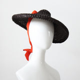 "Straw & Ribbon" Vintage 1940's Bitter Chocolate Brown & Orange Ribbon Percher Hat