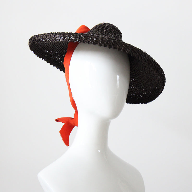 "Straw & Ribbon" Vintage 1940's Bitter Chocolate Brown & Orange Ribbon Percher Hat