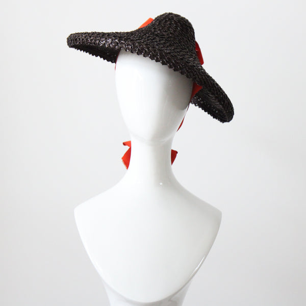 "Straw & Ribbon" Vintage 1940's Bitter Chocolate Brown & Orange Ribbon Percher Hat