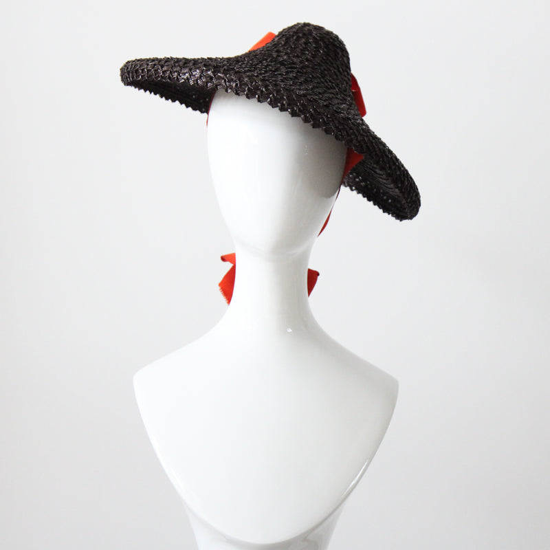 "Straw & Ribbon" Vintage 1940's Bitter Chocolate Brown & Orange Ribbon Percher Hat